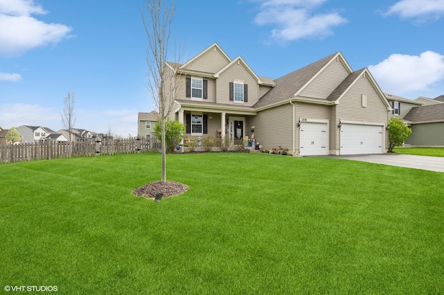 view of front facade featuring a front lawn, fence, covered porch, a shingled roof, and concrete driveway