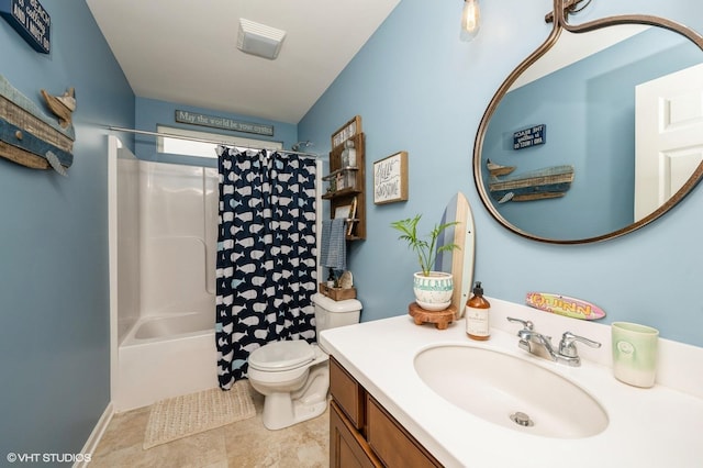 bathroom with vanity, shower / bathtub combination with curtain, and toilet