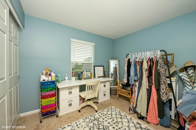 interior space featuring baseboards and light carpet
