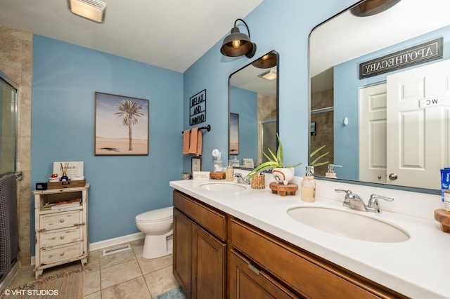 bathroom featuring double vanity, visible vents, a sink, and a stall shower
