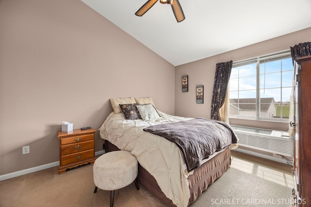 bedroom featuring carpet floors, baseboards, a ceiling fan, and lofted ceiling