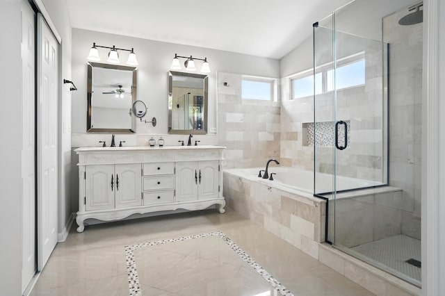 122 Periwinkle Ln, Bolingbrook, IL 60490 - bathroom featuring a shower stall, a bath, double vanity, and a ceiling fan