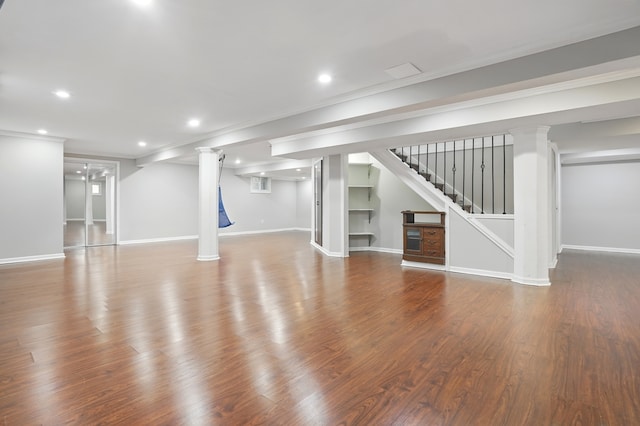 122 Periwinkle Ln, Bolingbrook, IL 60490 - finished basement with baseboards, recessed lighting, stairs, wood finished floors, and ornamental molding