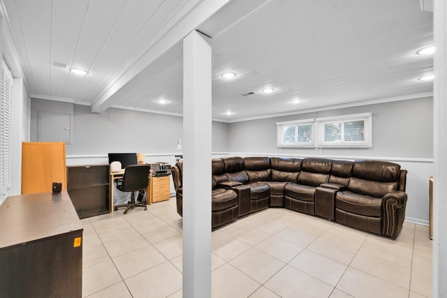 living room featuring ornamental molding, recessed lighting, and light tile patterned flooring