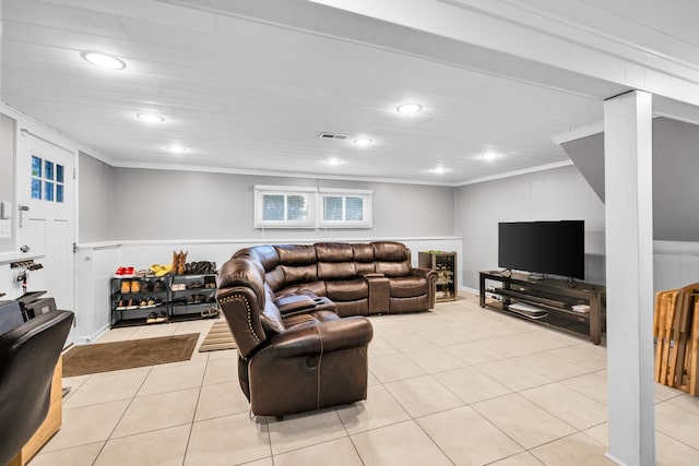 living room featuring ornamental molding, recessed lighting, light tile patterned flooring, and visible vents