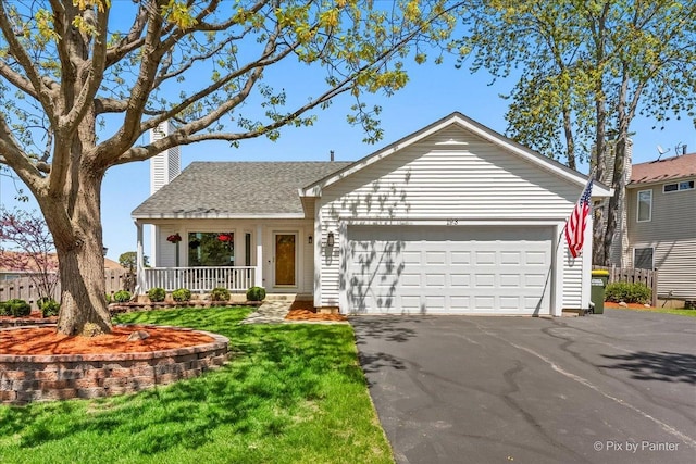 ranch-style home with asphalt driveway, covered porch, a chimney, an attached garage, and a front lawn