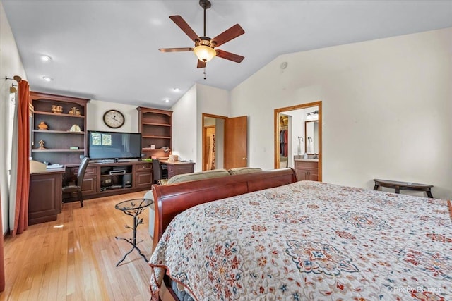bedroom with light wood finished floors, lofted ceiling, recessed lighting, and ceiling fan