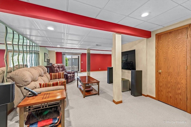 living room featuring carpet flooring, recessed lighting, and baseboards
