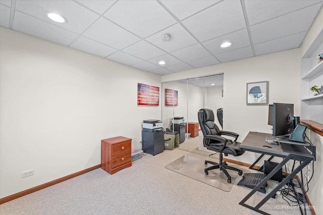 office area featuring carpet flooring, recessed lighting, baseboards, and a drop ceiling
