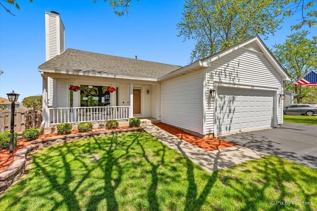 ranch-style home with a porch, driveway, an attached garage, a chimney, and roof with shingles