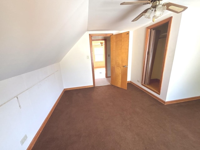 5404 Kimball Pl, Oak Lawn, IL 60453 - additional living space featuring a ceiling fan, dark carpet, vaulted ceiling, and baseboards