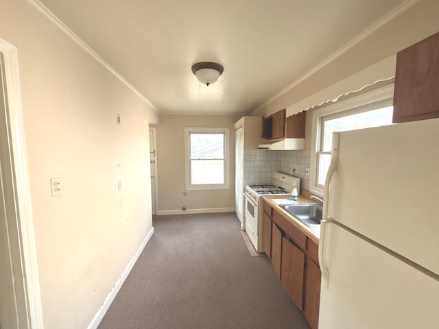 5404 Kimball Pl, Oak Lawn, IL 60453 - kitchen with white appliances, wall chimney range hood, baseboards, ornamental molding, and carpet flooring