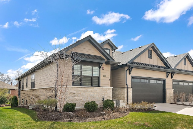1340 Lacoma Ct, Lockport, IL 60441 - craftsman house featuring board and batten siding, driveway, a front yard, an attached garage, and stone siding