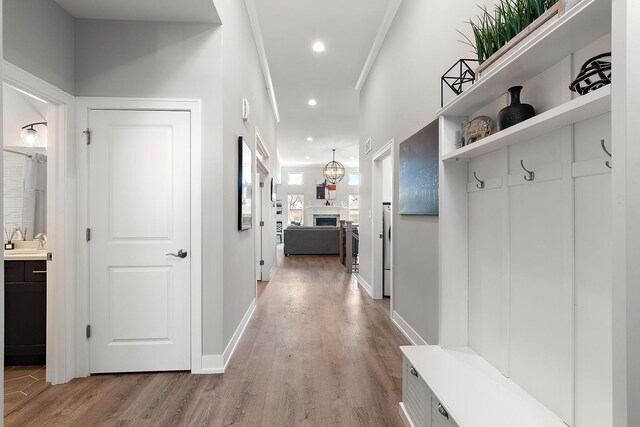 1340 Lacoma Ct, Lockport, IL 60441 - mudroom with a sink, baseboards, recessed lighting, and wood finished floors