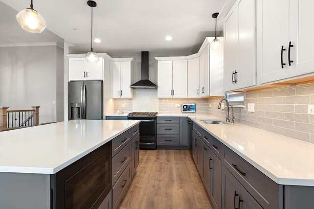 1340 Lacoma Ct, Lockport, IL 60441 - kitchen featuring wall chimney range hood, stainless steel fridge, a sink, range, and gray cabinetry