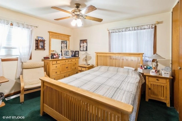 carpeted bedroom featuring ceiling fan