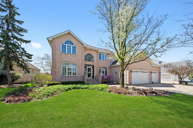 view of front of property with a front yard, concrete driveway, a garage, and brick siding