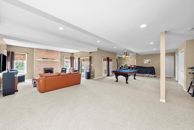 rec room featuring recessed lighting, billiards, light colored carpet, and a healthy amount of sunlight