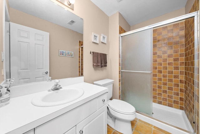 bathroom featuring visible vents, toilet, tile patterned flooring, and a stall shower