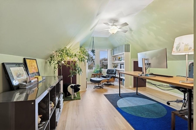 office with ceiling fan, wood finished floors, and lofted ceiling