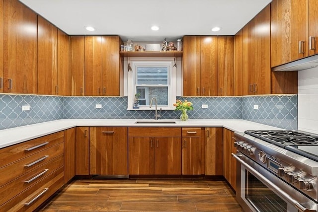 kitchen featuring under cabinet range hood, light countertops, a sink, and high end stainless steel range oven