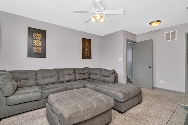 1 Red Wing Ct, Woodridge, IL 60517 - living room with baseboards, visible vents, a ceiling fan, and light colored carpet