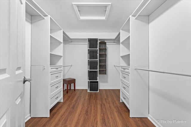 walk in closet featuring attic access and dark wood-style floors