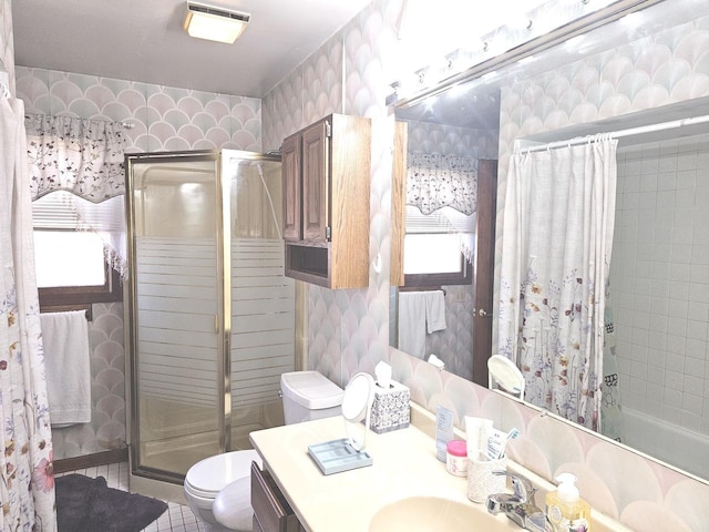 full bathroom with vanity, toilet, a shower with shower curtain, and wallpapered walls