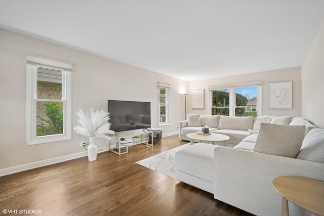 living area with baseboards and wood finished floors