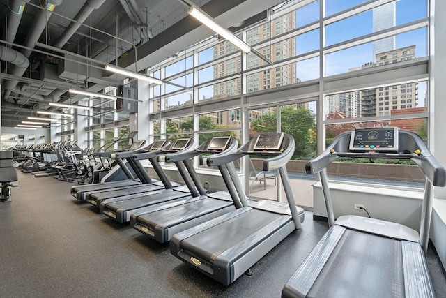 workout area featuring a view of city, a high ceiling, and a wealth of natural light