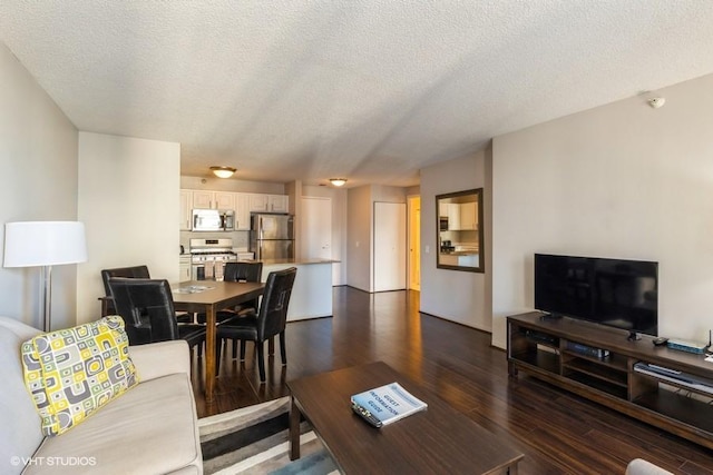 living area with dark wood finished floors and a textured ceiling