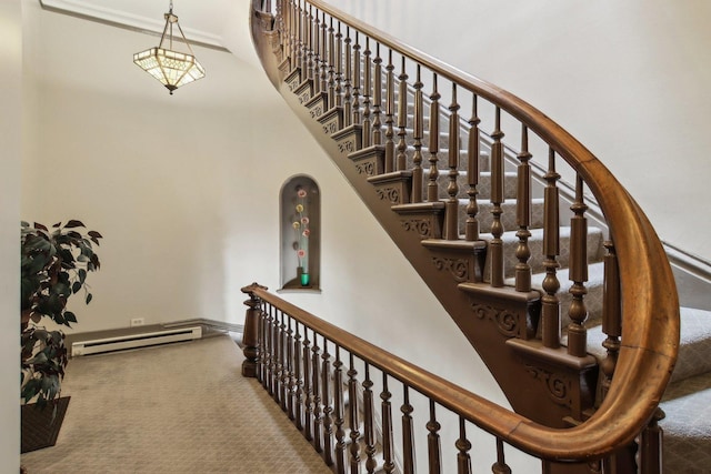 1400 N La Salle St Unit 3N, Chicago, IL 60610 - stairs featuring a baseboard radiator, carpet floors, and a high ceiling