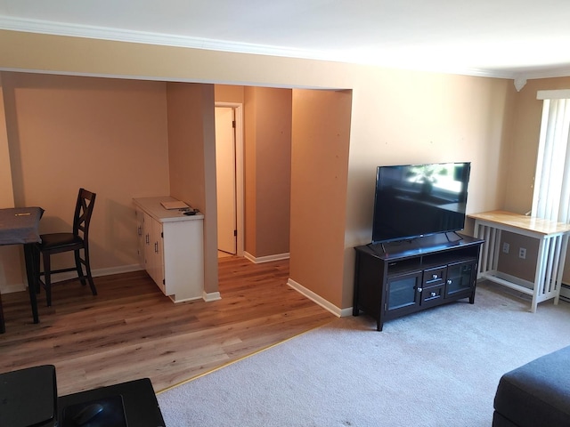 living room with baseboards, ornamental molding, and light wood-style floors