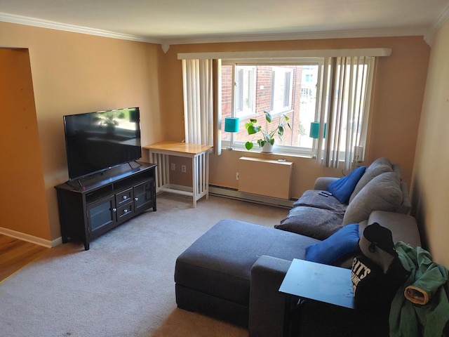 carpeted living area featuring a baseboard heating unit, crown molding, and baseboards