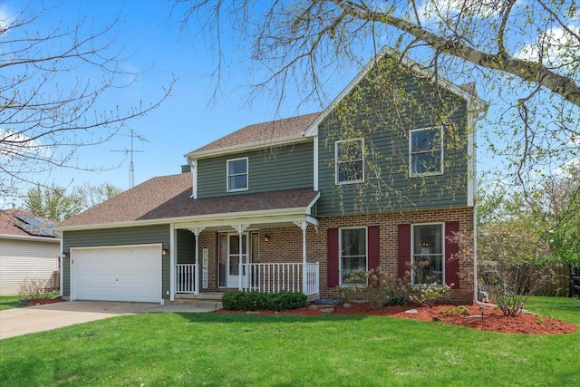 traditional home with an attached garage, brick siding, a front yard, concrete driveway, and covered porch