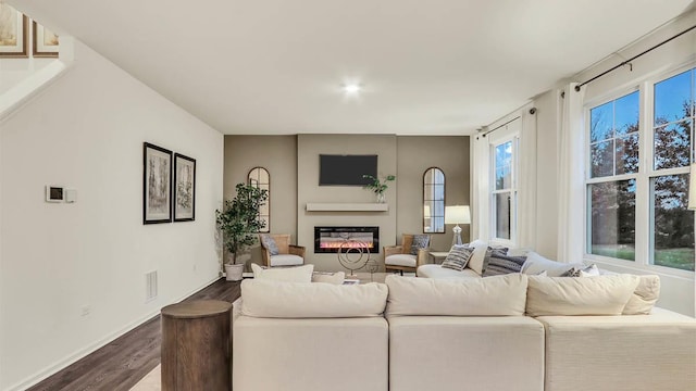 260 Snowdrop Ln, Elgin, IL 60124 - living area featuring a glass covered fireplace, baseboards, visible vents, and dark wood-style floors