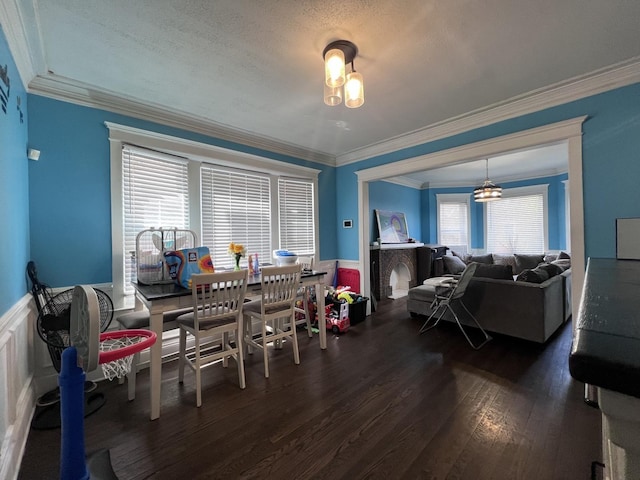 dining room featuring crown molding, a textured ceiling, wainscoting, and wood finished floors