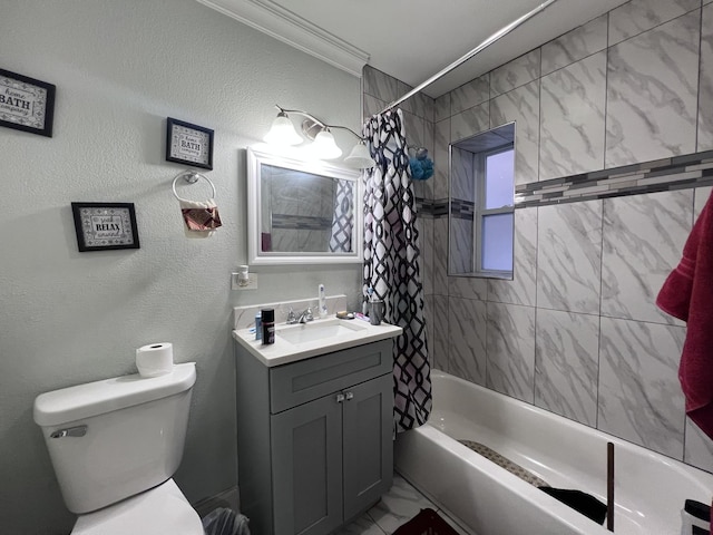bathroom with crown molding, vanity, toilet, marble finish floor, and shower / bath combo with shower curtain