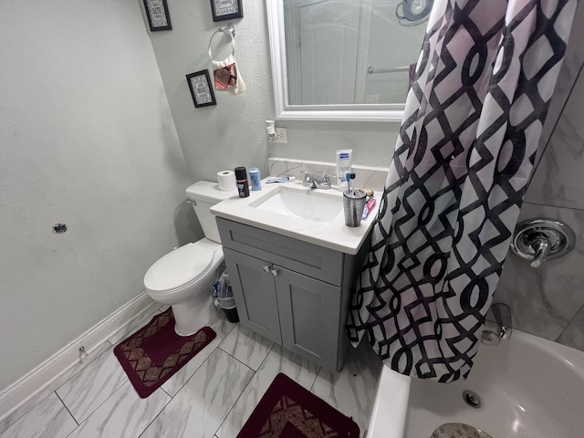 full bath featuring vanity, baseboards, toilet, and shower / bath combination with curtain