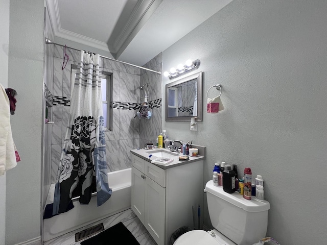 bathroom with crown molding, visible vents, vanity, toilet, and shower / bathtub combination with curtain