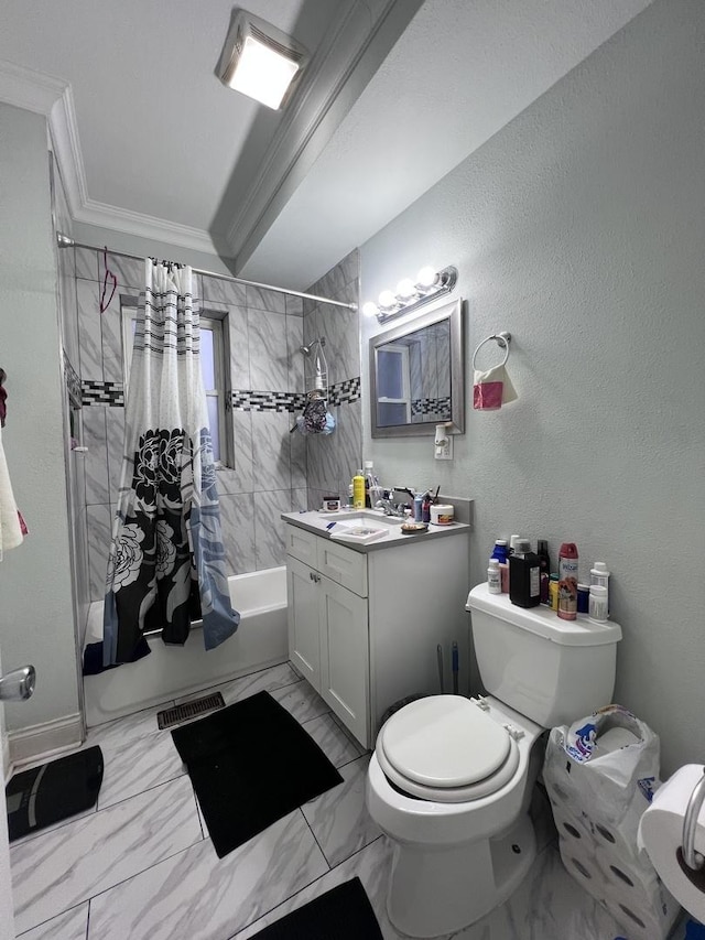 bathroom with shower / bath combination with curtain, crown molding, visible vents, toilet, and marble finish floor