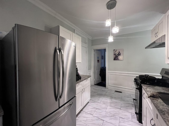 kitchen with black range with gas cooktop, white cabinets, freestanding refrigerator, marble finish floor, and under cabinet range hood