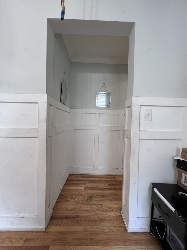 room details featuring wood finished floors, a wainscoted wall, and a decorative wall