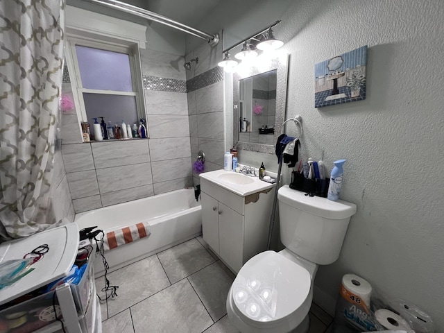 full bath with toilet, shower / bath combination with curtain, tile patterned flooring, and vanity