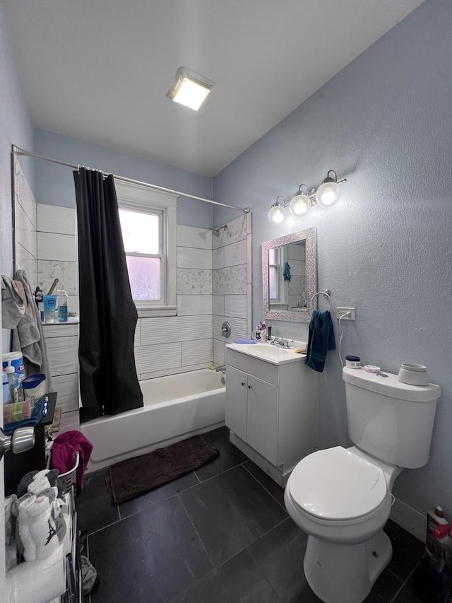 bathroom with toilet, tile patterned floors, shower / tub combination, and vanity