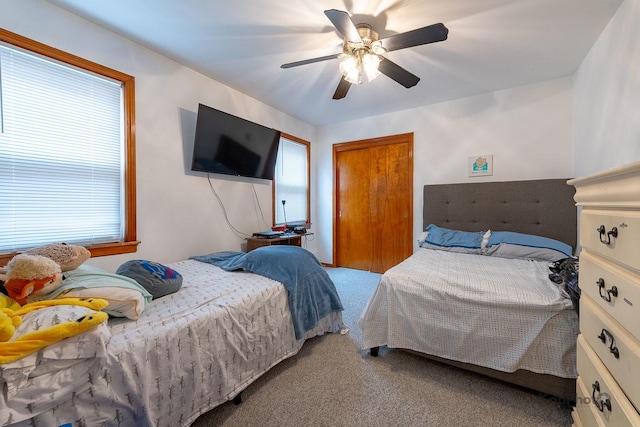carpeted bedroom with a closet, a ceiling fan, and multiple windows