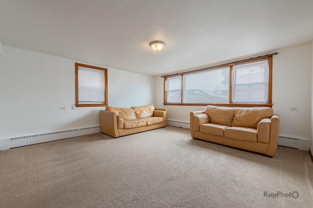 carpeted living room with baseboard heating