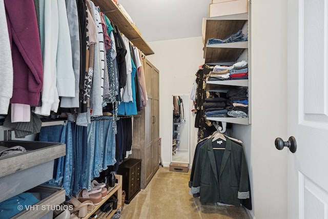 walk in closet featuring light colored carpet