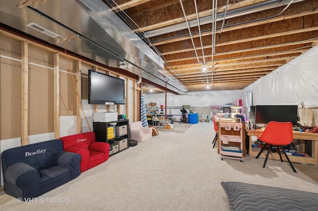 unfinished below grade area featuring carpet flooring and visible vents