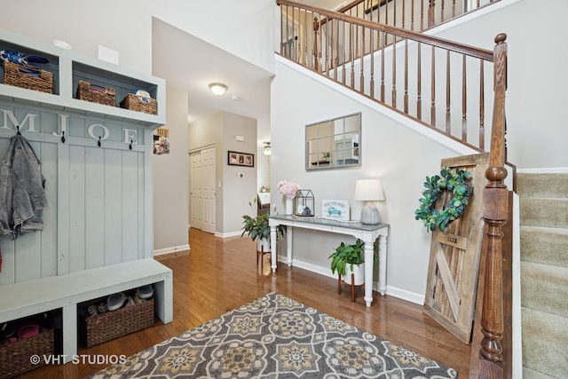 mudroom with baseboards, wood finished floors, and a towering ceiling